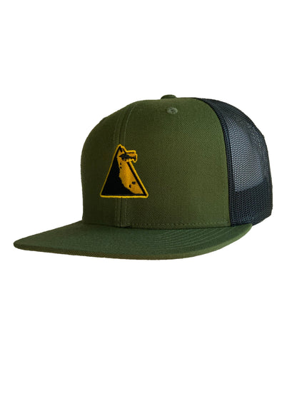 Green and black cap with a yellow and black logo on a white background
